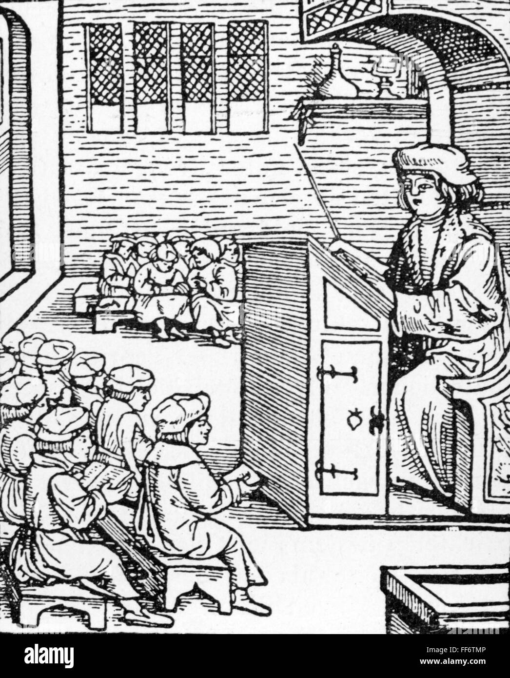 pedagogy, school / lessons / discipline, German school room, woodcut, out of: Jakob Köbel (1462 -1533), 'The Legend of Saint Rupert', Oppenheim, 1524, Additional-Rights-Clearences-Not Available Stock Photo