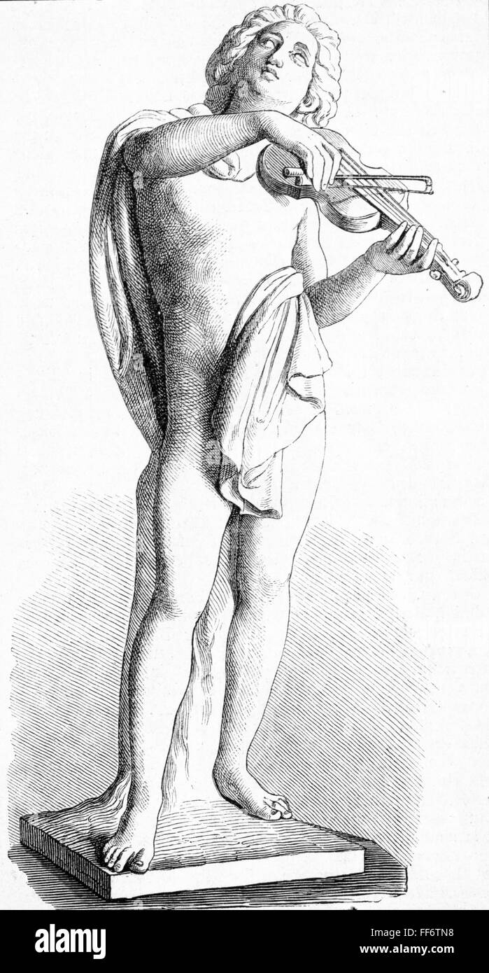 music, musician, violin player, statue by Carl Steinhaeuser, 1858, wood engraving, 'Illustrierter Kalender', 1862, Additional-Rights-Clearences-Not Available Stock Photo