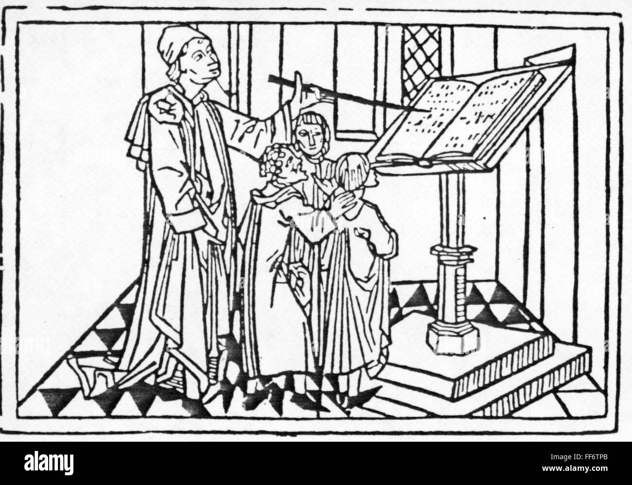 pedagogy, school / lessons / discipline, archdeacon and pupils having singing class, woodcut, out of: Rodericus Zamorensis (1404 - 1470) : 'Speculum Vitae Humanae', print: J.Bämler, Augsburg, 1479, Additional-Rights-Clearences-Not Available Stock Photo