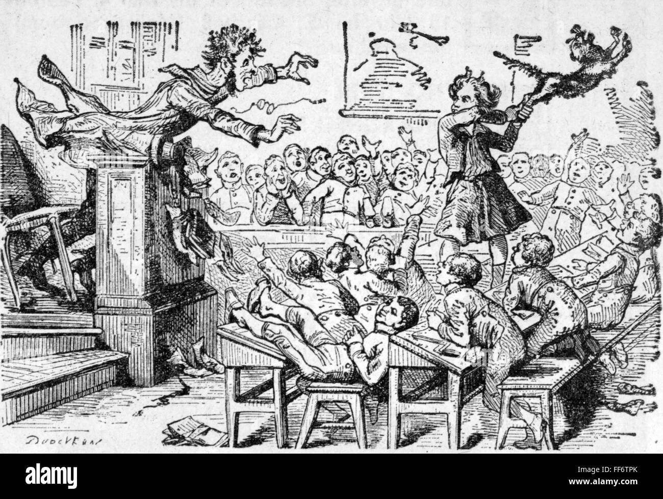 pedagogy, caricature,chaotic school lesson, drawing,France, mid 19th century,19th century, graphic,graphics, humor,humour, satire,school, schools,classroom, class-room,classrooms, class-rooms,form, school class,tutor group, forms,school classes, tutor groups,school lessons, half length,teach, teaching,teaches, taught,learning, learn,pupil, student,pupils, students,preservice teacher, pedagogue,pedagog, pedagogues,pedagogs, educator,teacher, educators,teachers, standing,lectern, teachers desk,desk, chaos,chaotic, confusion,turmoil, ped,Additional-Rights-Clearences-Not Available Stock Photo