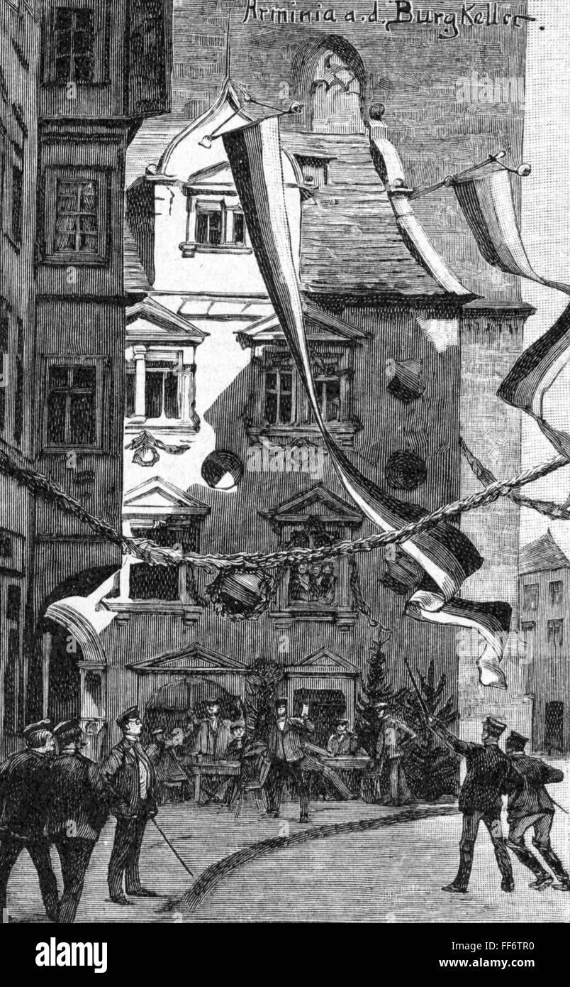 pedagogy, students, frat house of the student fraternity 'Arminia auf dem Burgkeller', at the 75th anniversary of the German student fraternities, Jena, after drawing by Otto Gerlach (1862 - 1908), wood engraving, 1890, Additional-Rights-Clearences-Not Available Stock Photo
