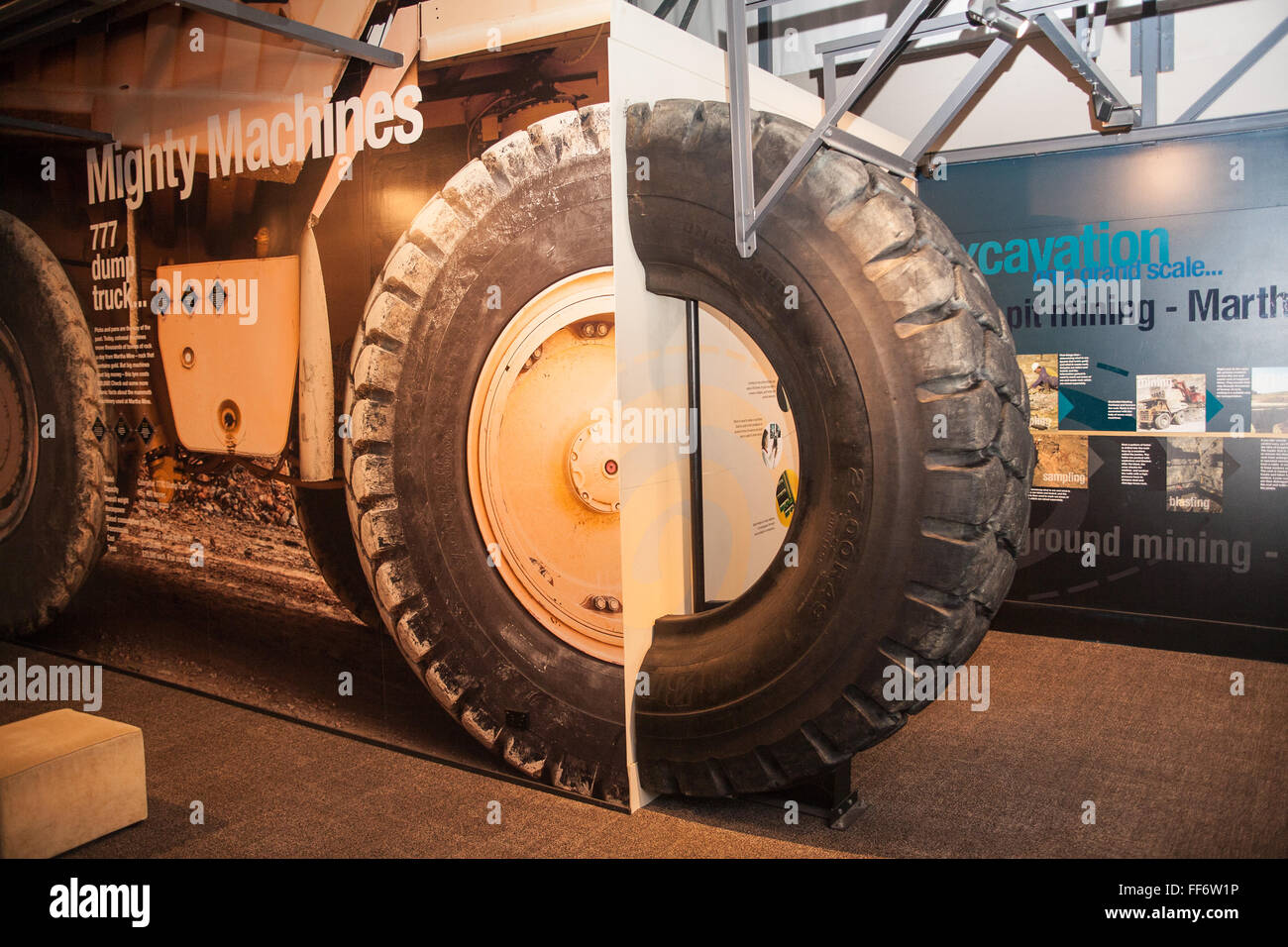 Huge truck tyres,wheels at museum in gold mining town of Waihi,Coromandel Peninsula,North Island, New Zealand Stock Photo