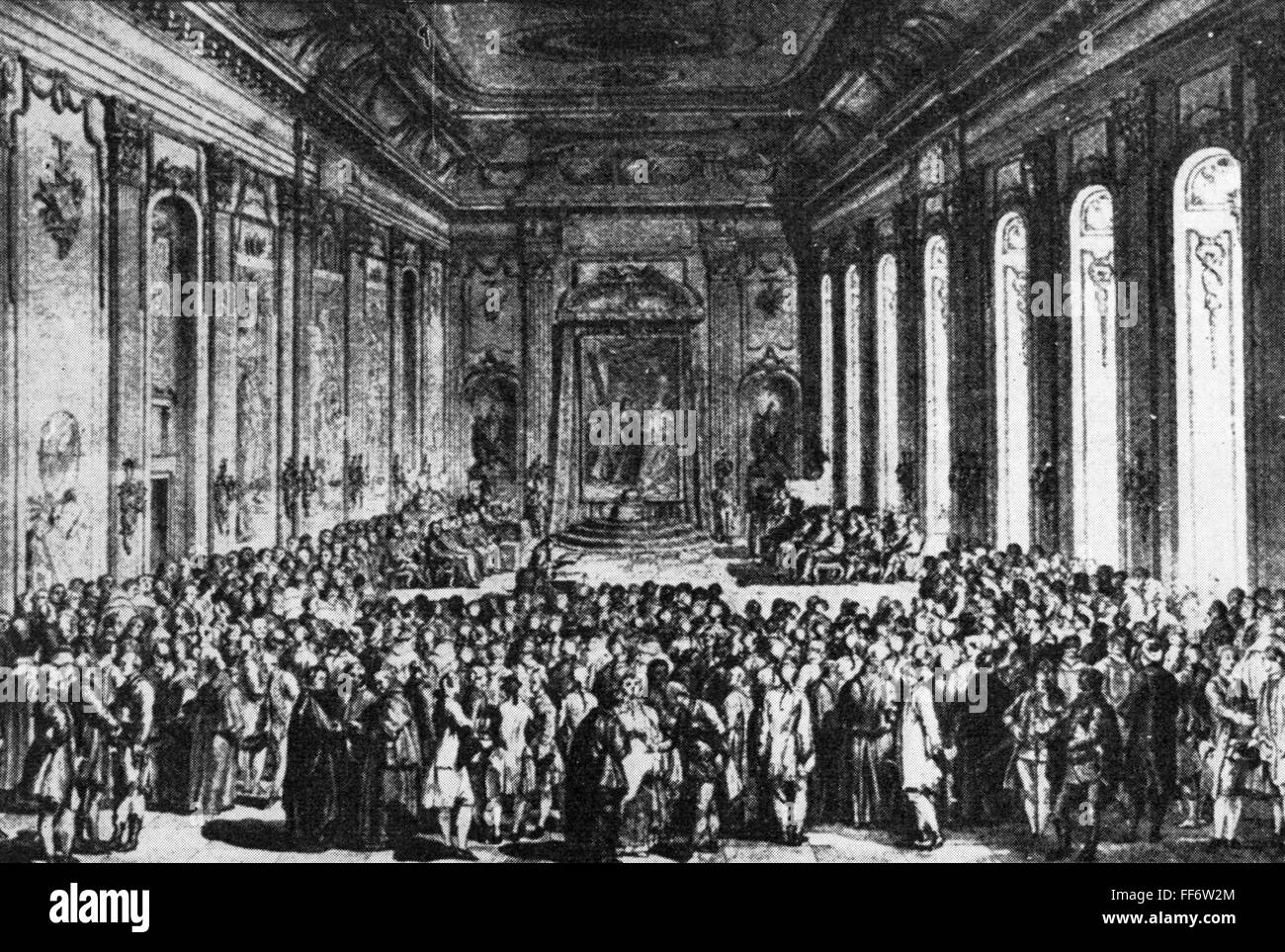 pedagogy, university, ceremonial act in the state room of the Royal palace at the opening of the Budapest university, 25.6.1780, Additional-Rights-Clearences-Not Available Stock Photo