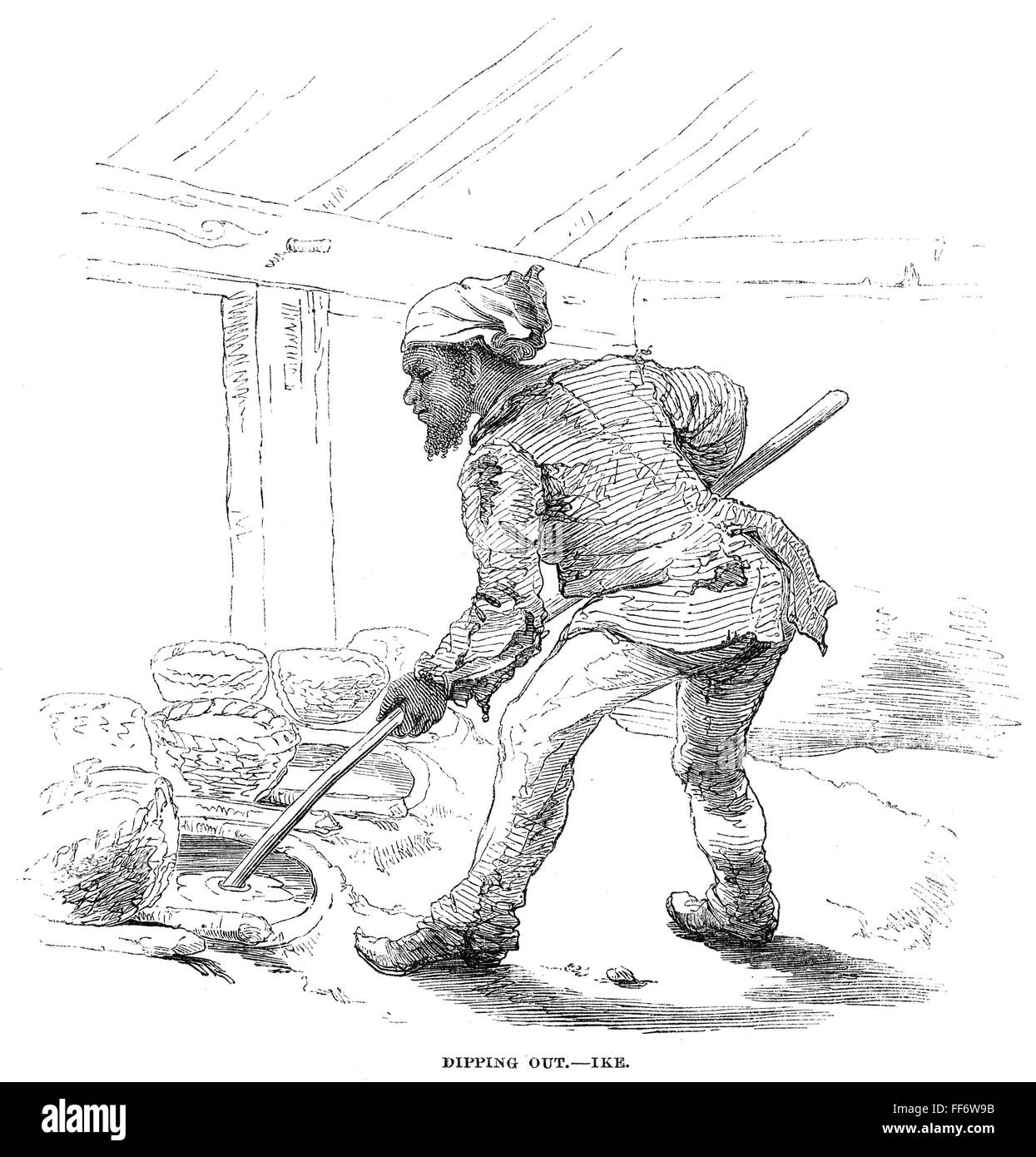 SLAVE LABOR, 1857. /n'Dipping out.' A slave works in a Virginia saltworks. Wood engraving