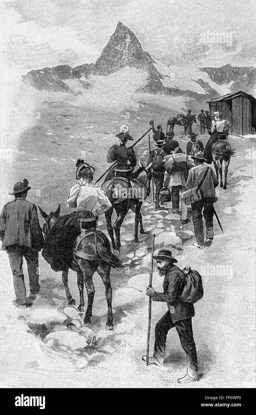 leisure time,excursions,on the way to the Gornergrat,Canton of Wallis,Switzerland,wood engraving,late 19th century,ridge,spine,crest,ridges,spines,crests,mountains,mounts,Swiss Alps,mount,mountain,peak,peaks,Matterhorn,Valais Alps,tourism,touristic,tourists,sightseer,trippers,pack animal,pack animals,mule,mules,hinny,hinnies,mountain guide,mountain guides,people,group,groups,leisure time,free time,spare time,excursion,outing,short trip,excursions,outings,short trips,way,ways,canton,cantons,historic,historical,Additional-Rights-Clearences-Not Available Stock Photo