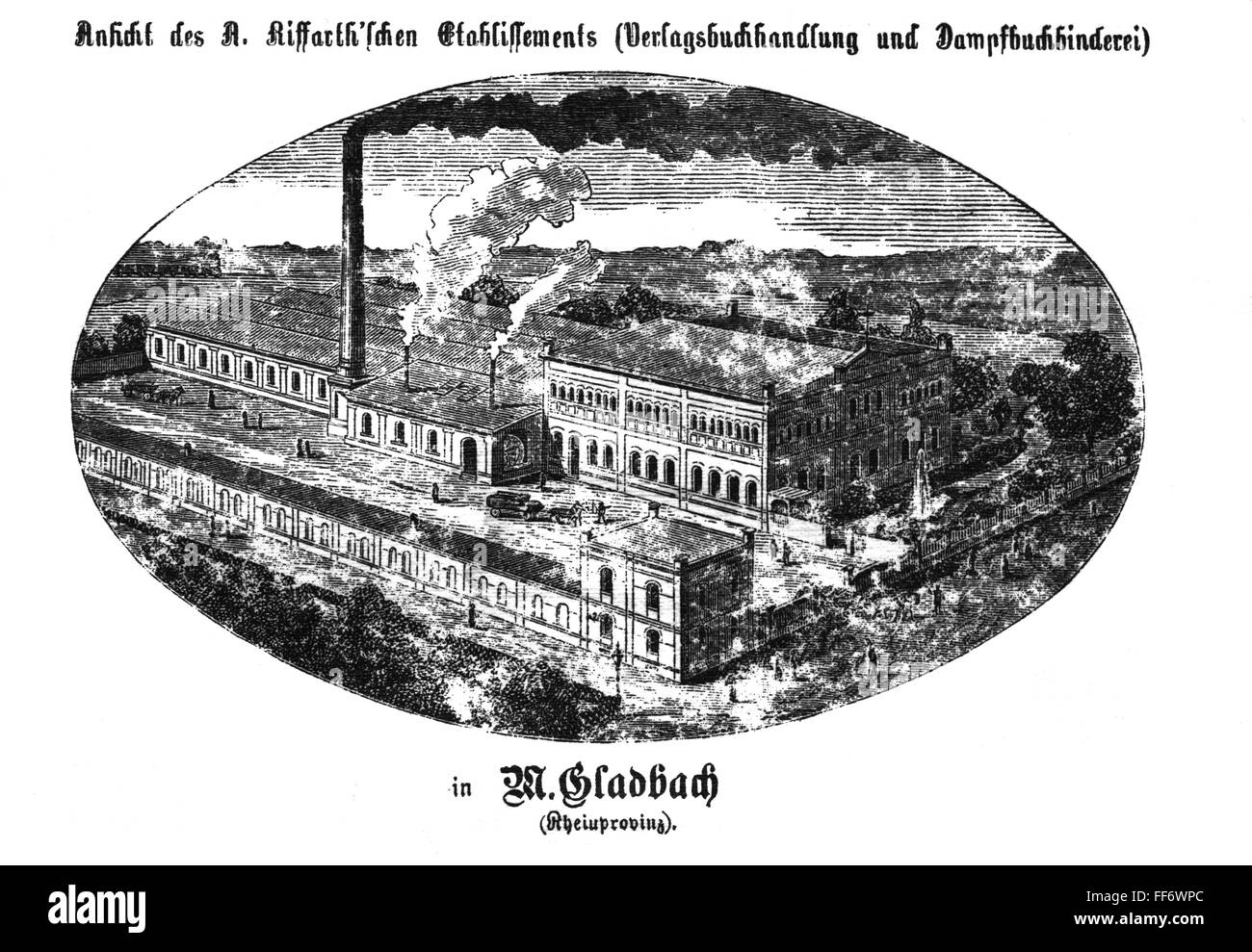 industry, print, A. Riffarth print shop, exterior view, Mönchengladbach, drawing, 19th century, out of: Das häusliche Glück, back cover, eleventh improved edition, A. Riffarth publishing house, Mönchengladbach - Leipzig 1882, Additional-Rights-Clearences-Not Available Stock Photo