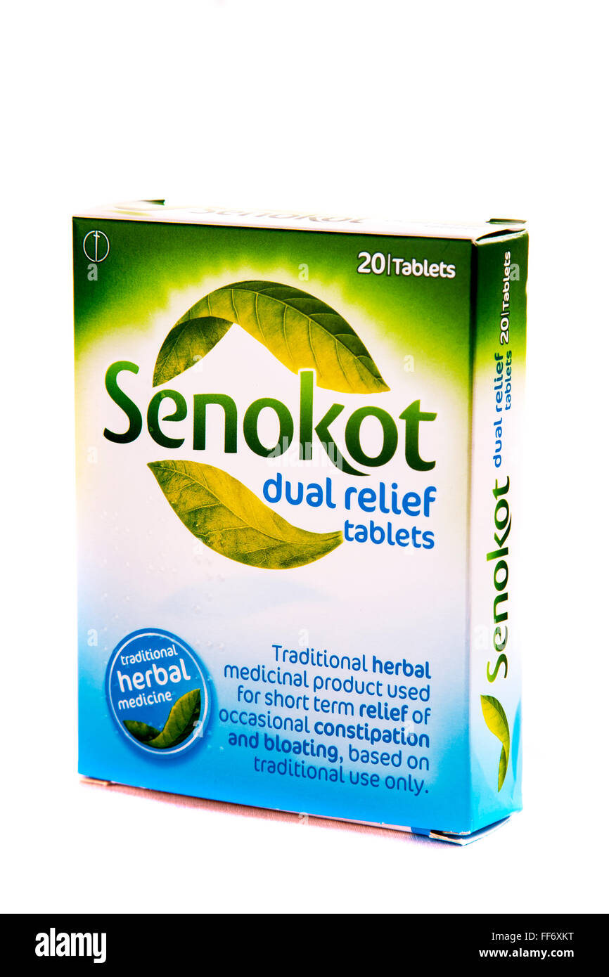 Senokot herbal medicine constipation bloating relief tablets box medicinal cutout cut out white background isolated Stock Photo