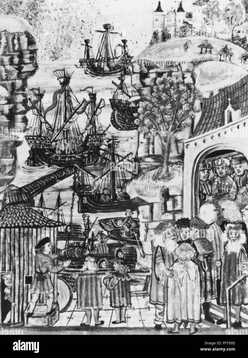 HANSEATIC MERCHANTS, 1400s. /nHanseatic merchants in the busy port of Hamburg, Germany. Miniature, German, 15th century. Stock Photo