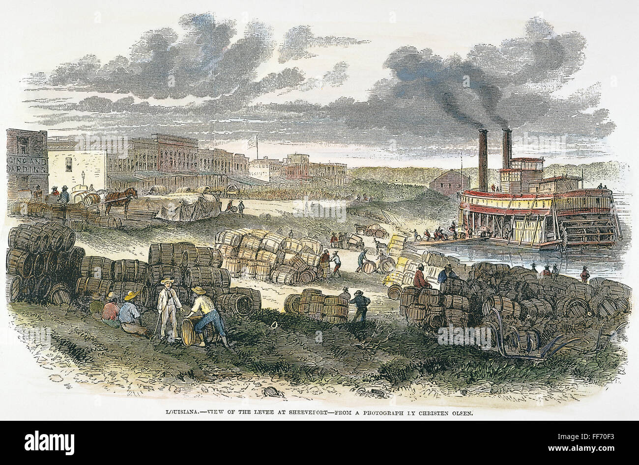 SHREVEPORT LEVEE, 1872. /nLoading barrels of molasses at the levee at Shreveport, Louisiana. Engraving, 1872. Stock Photo