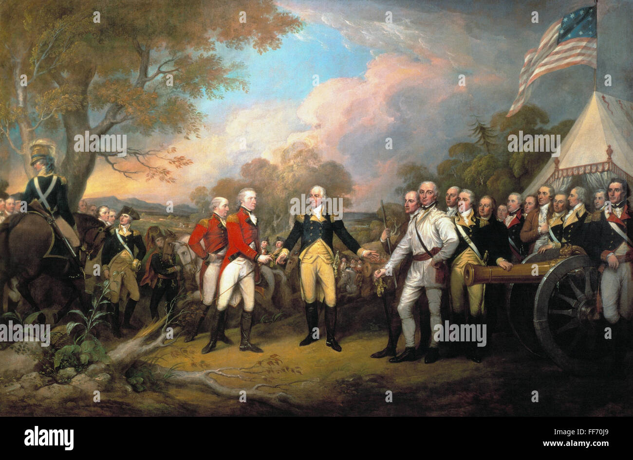 SARATOGA: SURRENDER, 1777. /nSurrender of British General John Burgoyne at Saratoga, New York, 17 October 1777. Oil on canvas by John Trumbull. Stock Photo