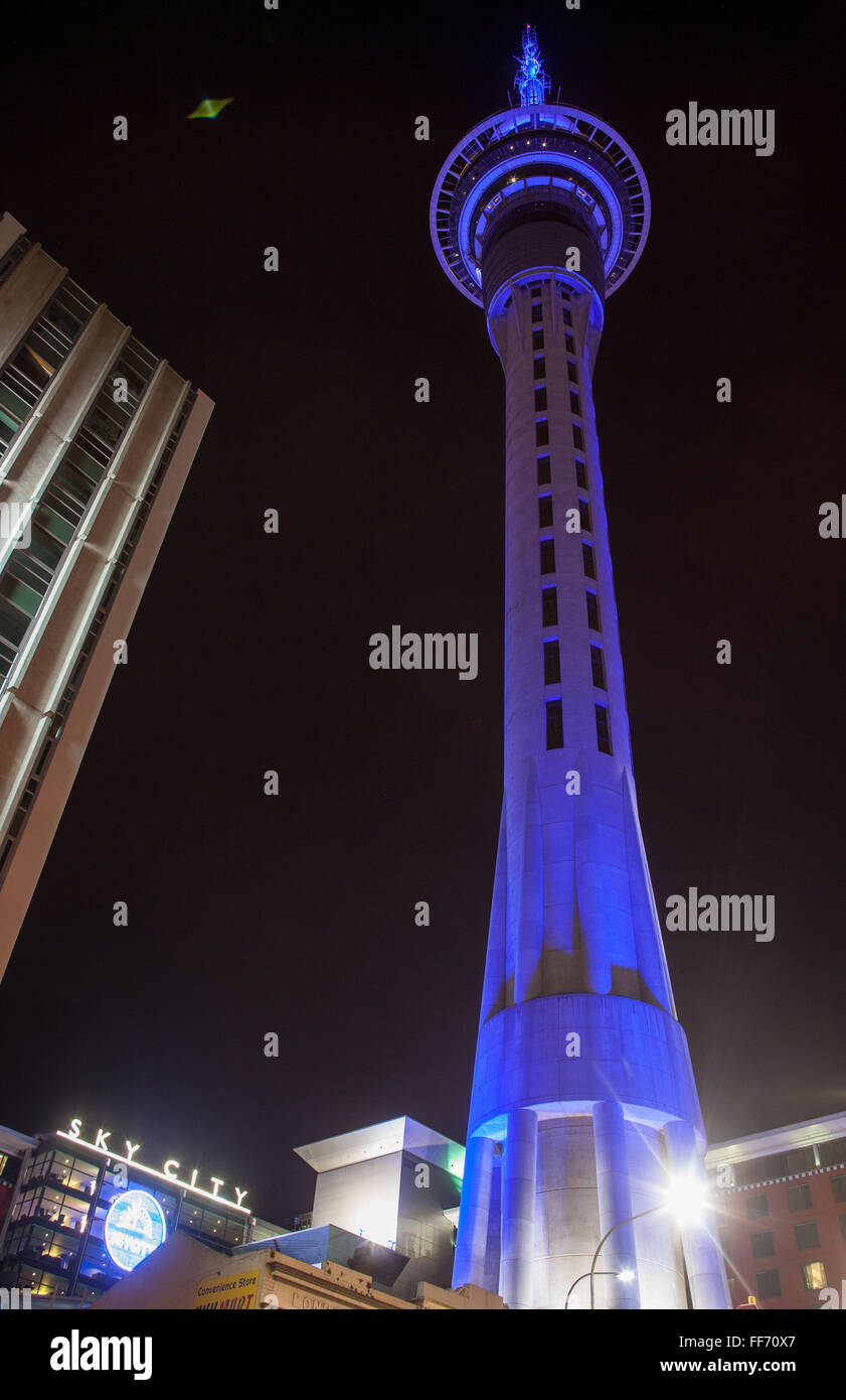 View of Sky Tower from BELOW it. Auckland,New Zealand Stock Photo