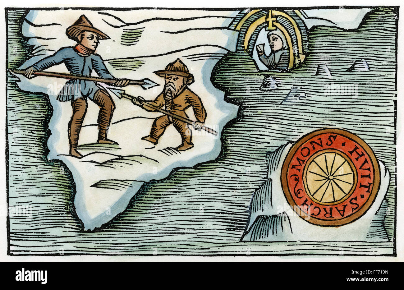 GREENLAND: VIKINGS. /nA Viking fighting with a 'pygmy' or Eskimo of Greenland, and the landmark of Hvitserk. Color woodcut from Olaus Magnus' Hisotria de gentibus septentrionalibus, Rome, 1555. Stock Photo