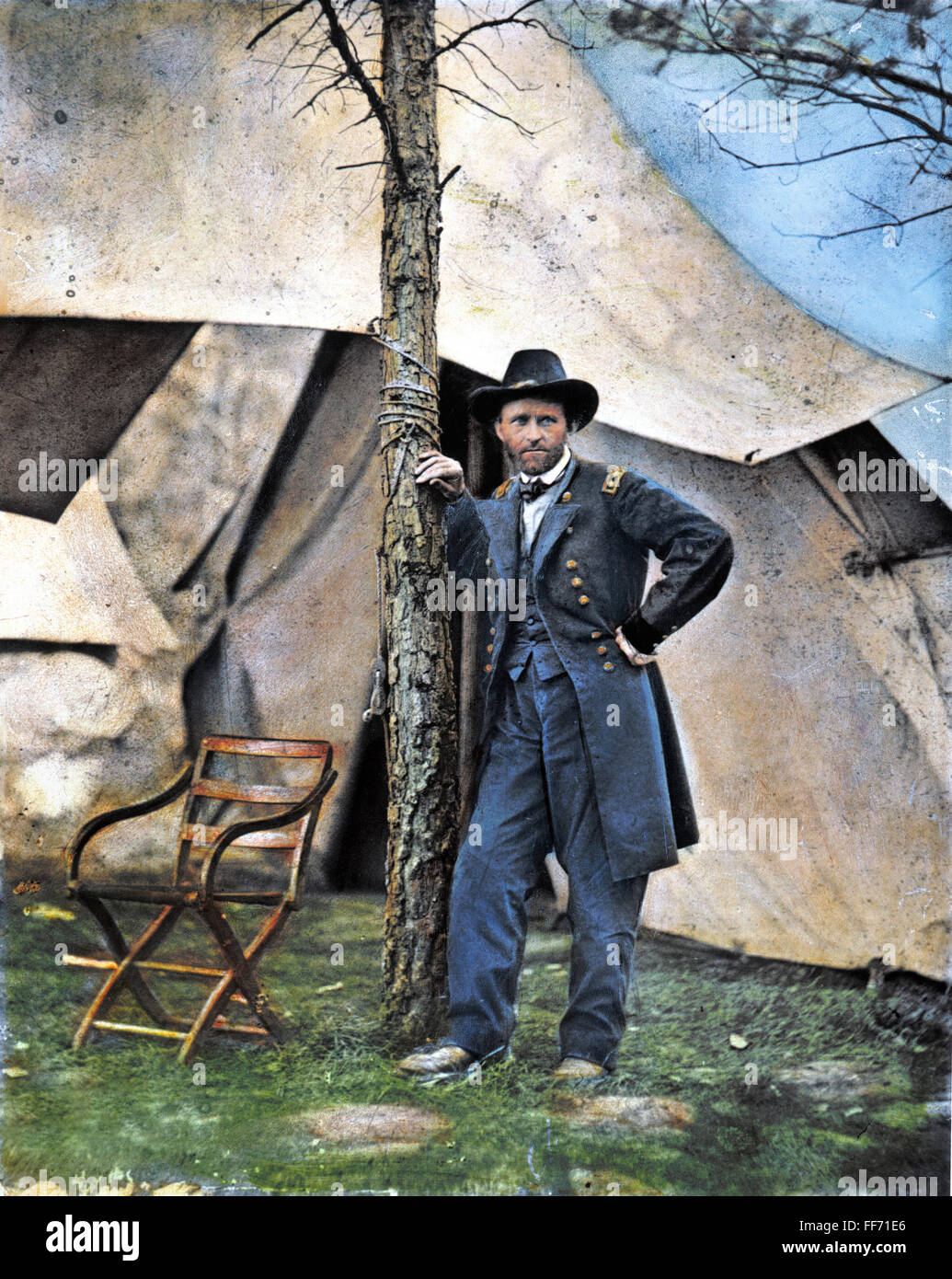 ULYSSES S. GRANT. /nCommander of the Union Armies, Ulysses S. Grant, at City Point, Virginia, during the siege of Petersburg, Virginia, during the American Civil War, 1864. Oil over photograph. Stock Photo