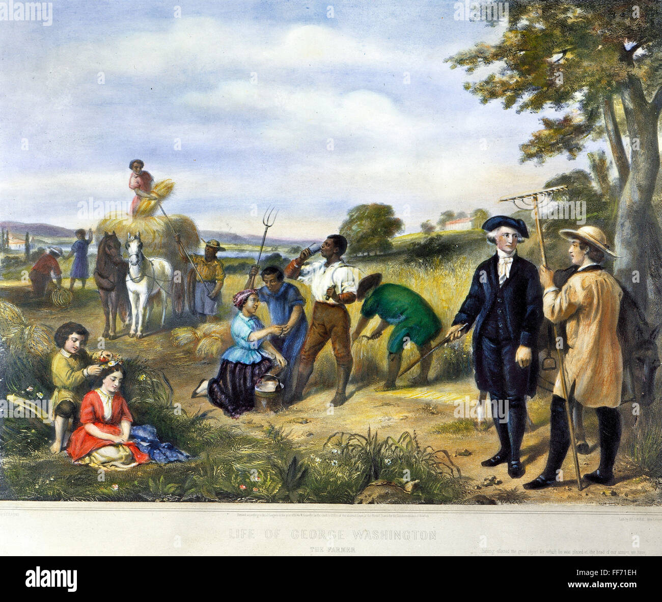 WASHINGTON THE FARMER. /nGeorge Washington in the fields of Mount Vernon, his plantation in Fairfax County, Virginia. In the lower left corner are his stepchildren, John and Martha Parke Custis. Lithograph, 1853, after a painting by Junius Brutus Stearns. Stock Photo