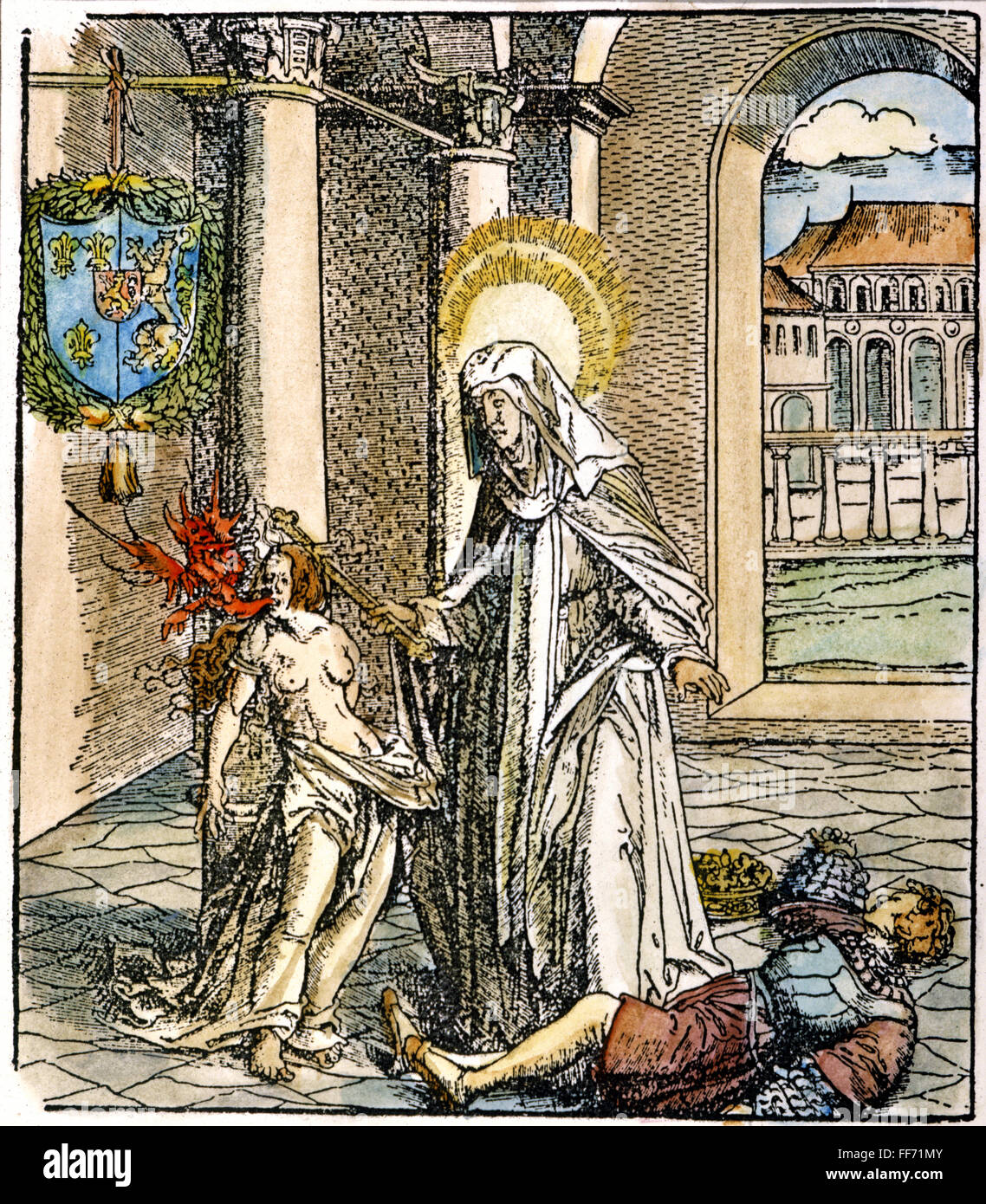 EXORCISM./nThe Frankish queen, St. Radegunda, exorcising a devil. Color woodcut, 16th century. Stock Photo