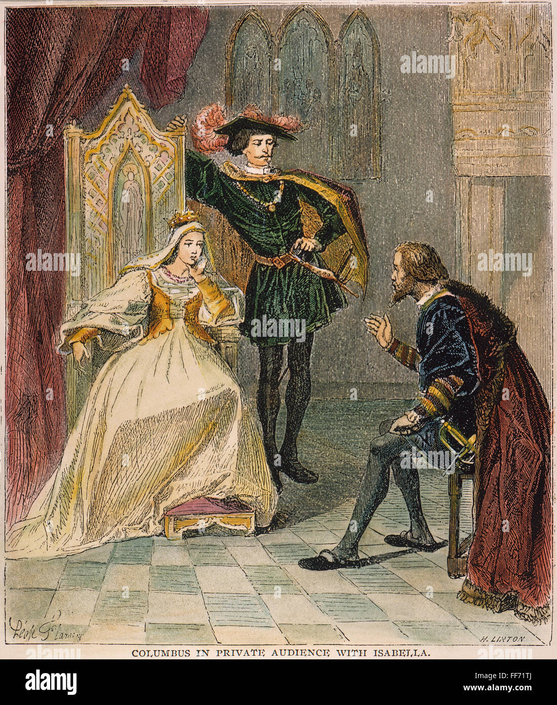 COLUMBUS & ISABELLA, 1492. /nChristopher Columbus in private audience with Queen Isabella and King Ferdinand of Spain. Line engraving, 1892, after LΘopold Flameng. Stock Photo