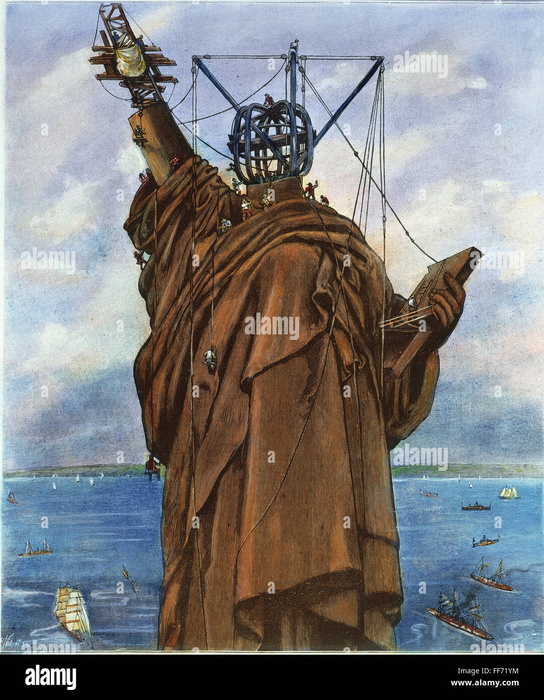 STATUE OF LIBERTY 1886. /nThe Statue of Liberty nearing completion in New York harbor in 1886. Contemporary French color engraving. Stock Photo