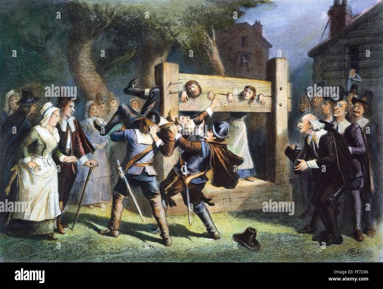 PURITANS: PILLORY, 17th CENT. /nThe use of the pillory to enforce Puritan morality in colonial New England: lithograph, 19th century. Stock Photo