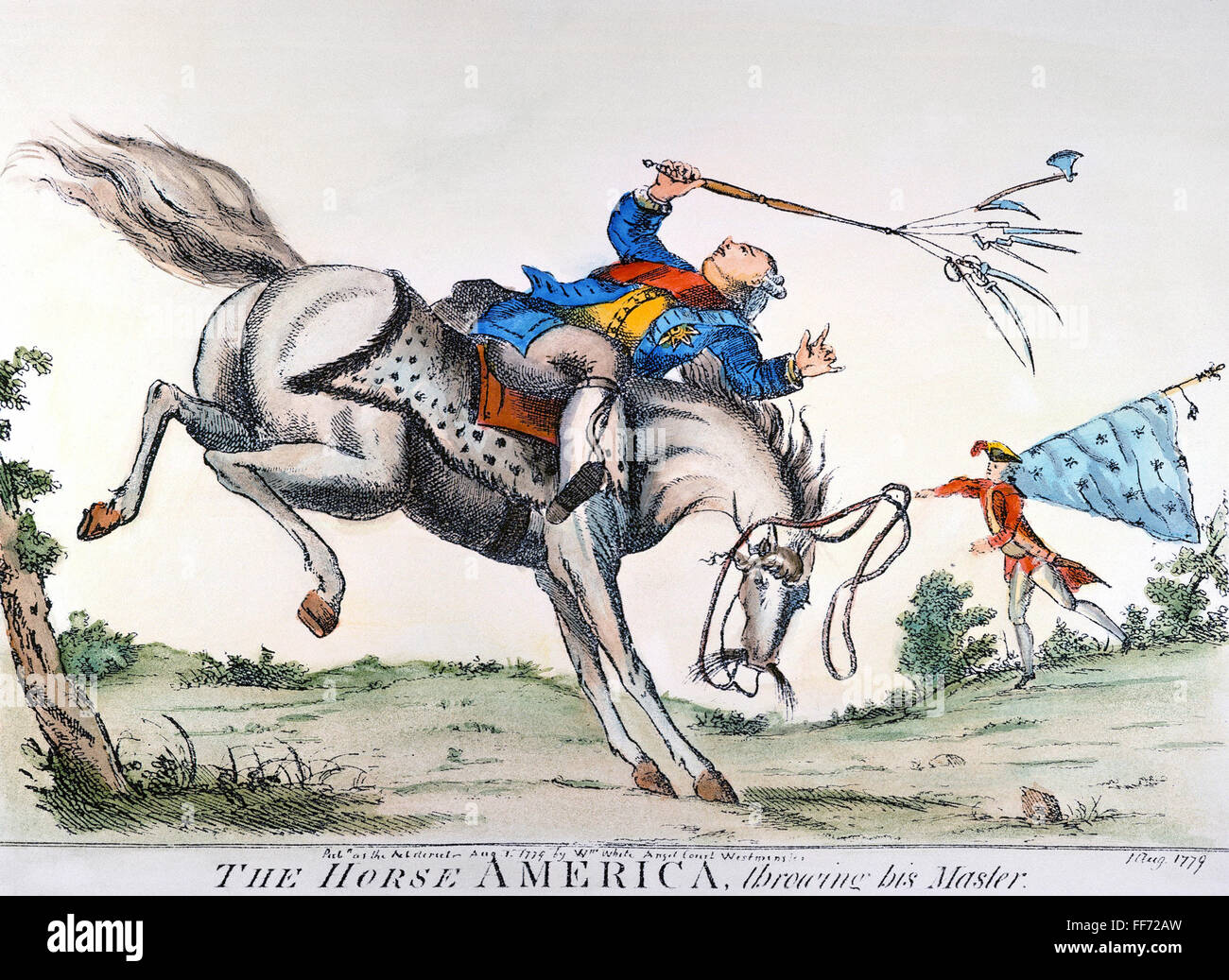CARTOON: OUTCOME, 1779. /nThe horse 'America' throwing his master. An English satirical cartoon of 1779 predicting the outcome of the American Revolutionary War. Stock Photo