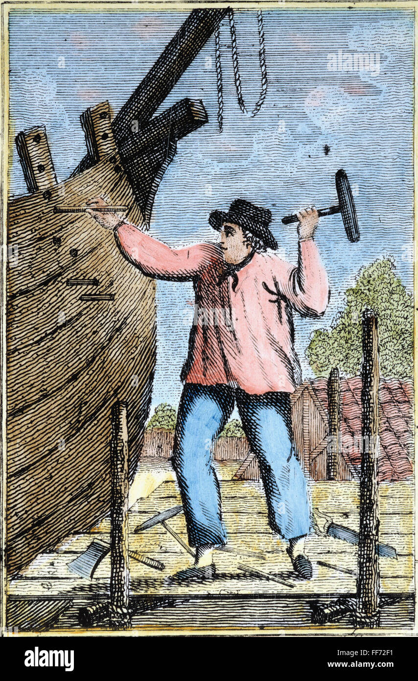 COLONIAL SHIPWRIGHT. /nA colonial American shipwright. Line engraving, late 18th century. Stock Photo