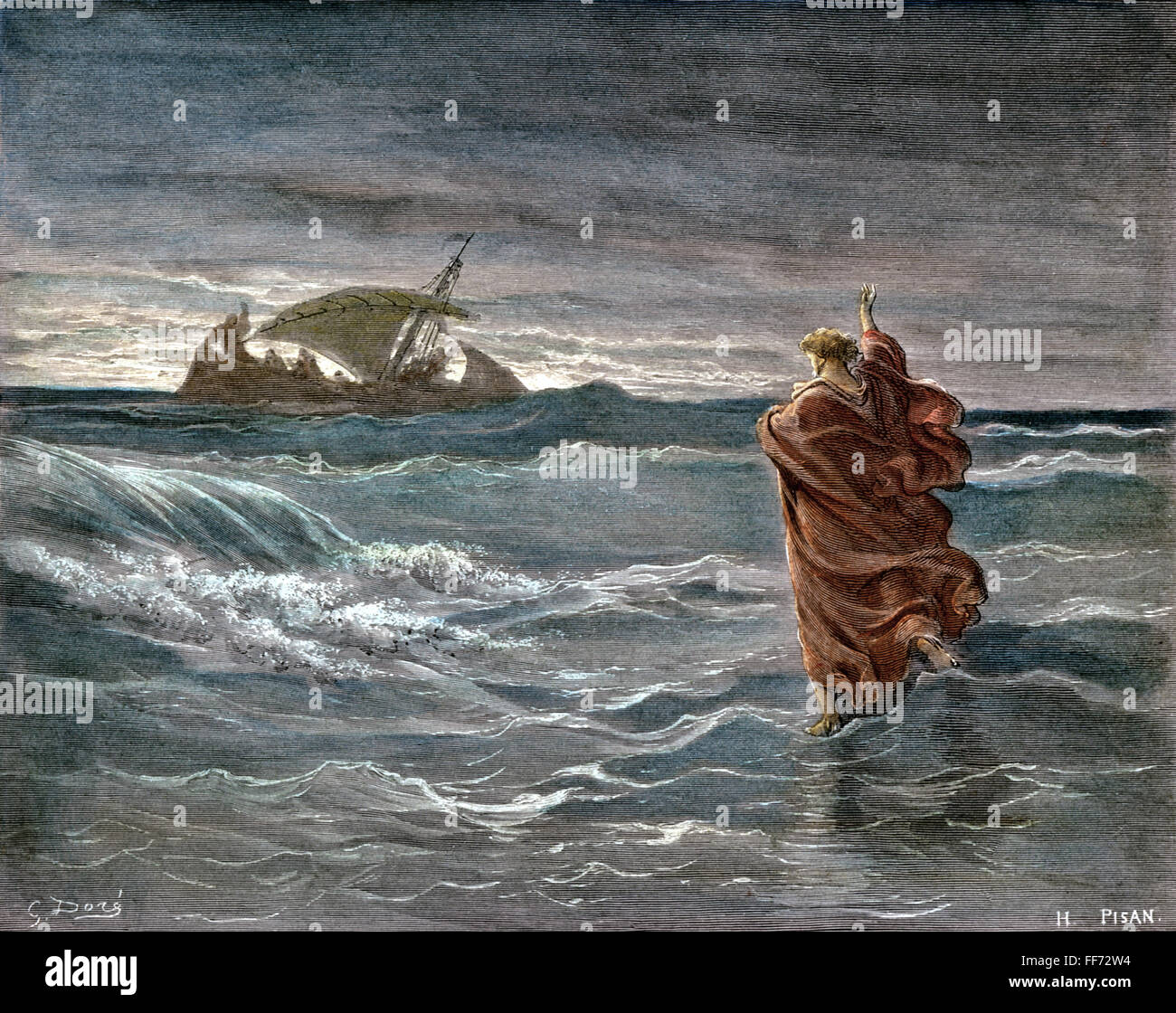 DOR╔: JESUS WALK ON WATER. /n(John 6:20). Color engraving after Gustave DorΘ. Stock Photo