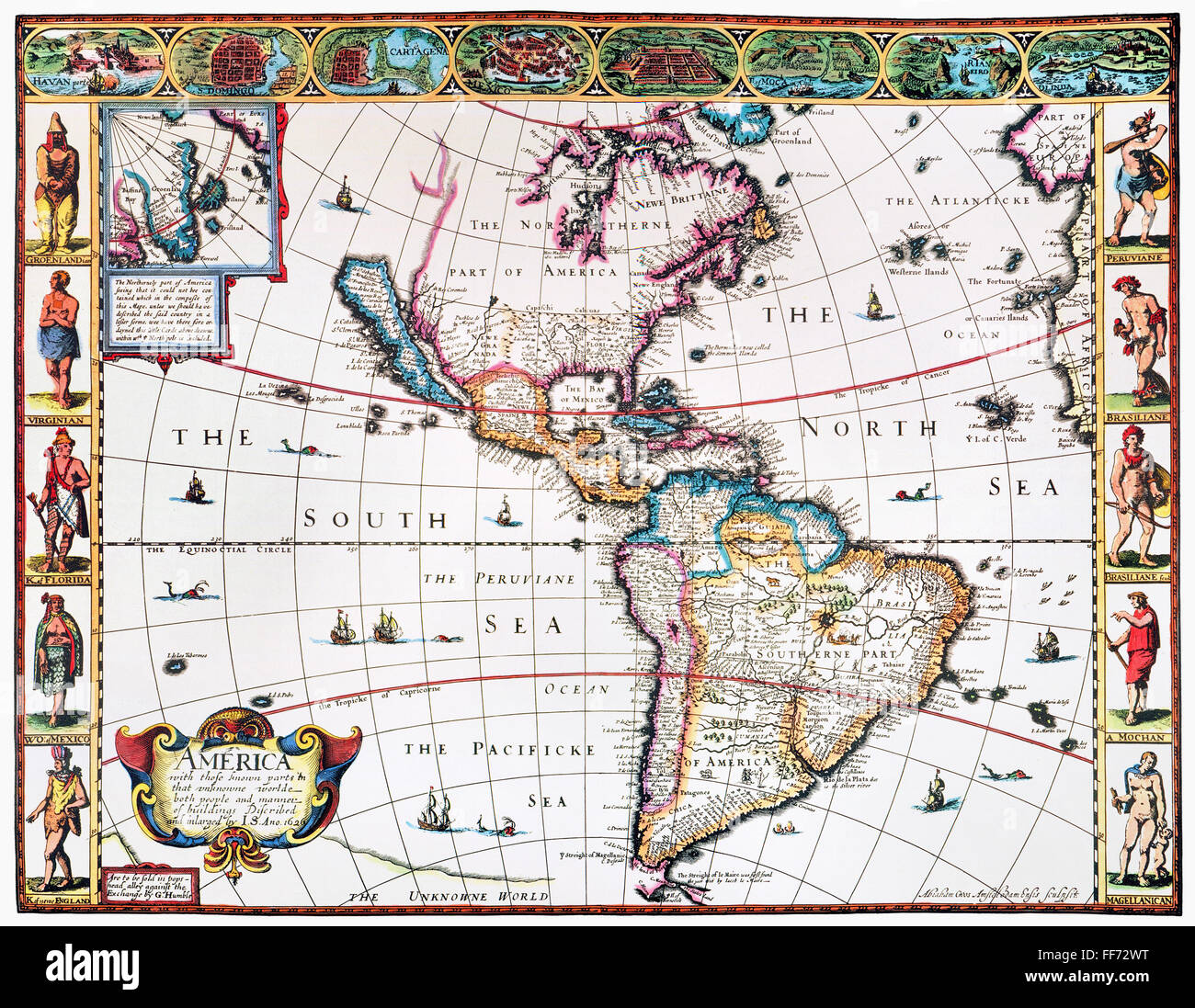 NEW WORLD MAP, 1616. /nEnglish map of the western hemisphere published by John Speed in 1616. California appears as a huge island and the views along both sides are of natives in fanciful costumes. Stock Photo