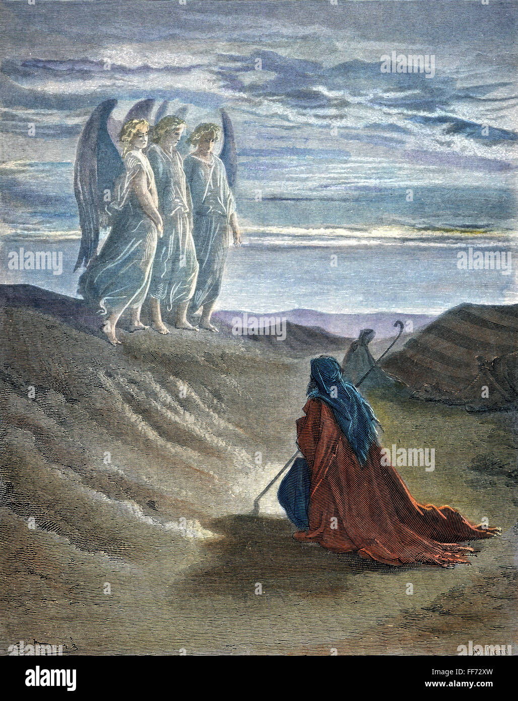 ABRAHAM & THREE ANGELS. /nColor engraving after Gustave DorΘ, 19th