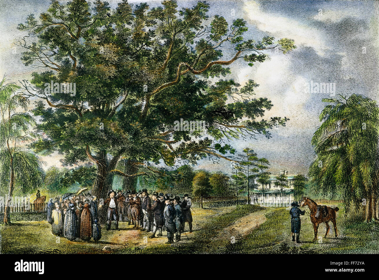 GEORGE FOX (1624-1691). /nPreaching the Quaker Gospel under the oak trees of Flushing, New York. Color lithograph, c1819. Stock Photo