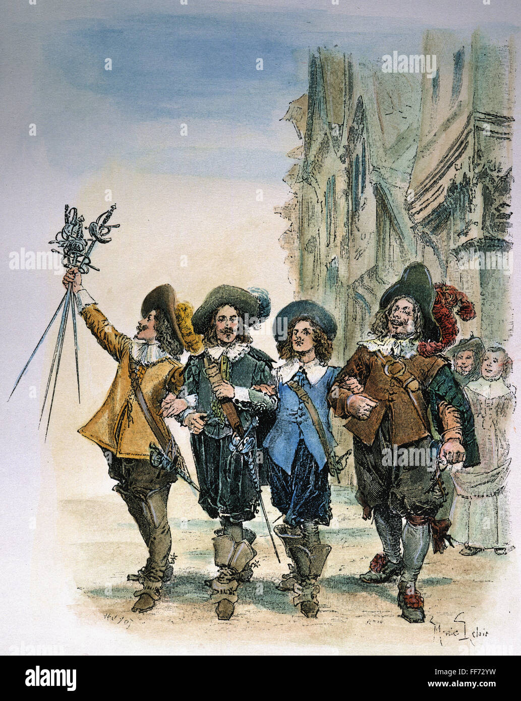THREE MUSKETEERS. /nD'Artagnan, Athos, Aramis, and Porthos: illustration from a late 19th c. edition, by Alexander Dumas pere. Stock Photo
