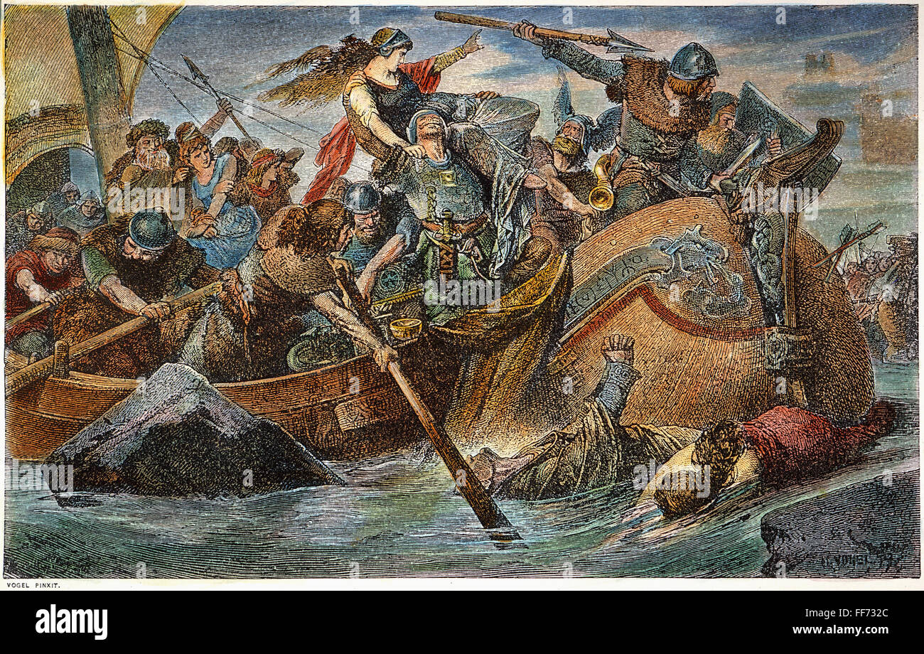 VIKINGS: RAIDING. /nA Norse raid under Olaf Tryggvesson, c994 A.D. Wood engraving after a painting by Hugo Vogel. Stock Photo
