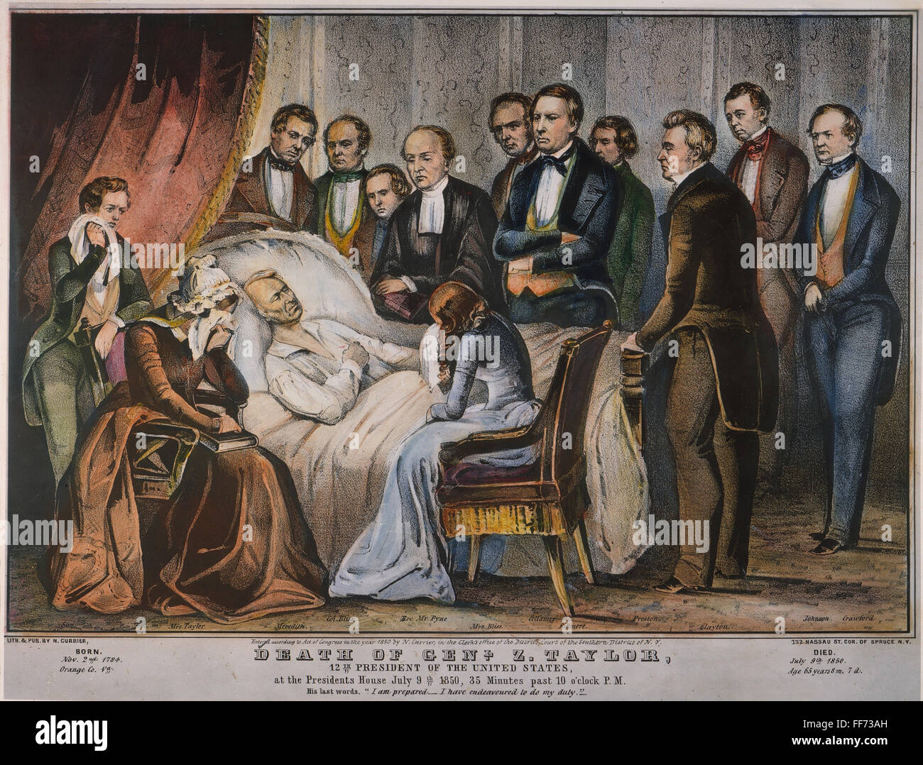 ZACHARY TAYLOR: DEATHBED. /nThe death of President Zachary Taylor in the White House, Washington, D.C., 9 July 1850: contemporary lithogrraph by Nathaniel Currier. Stock Photo