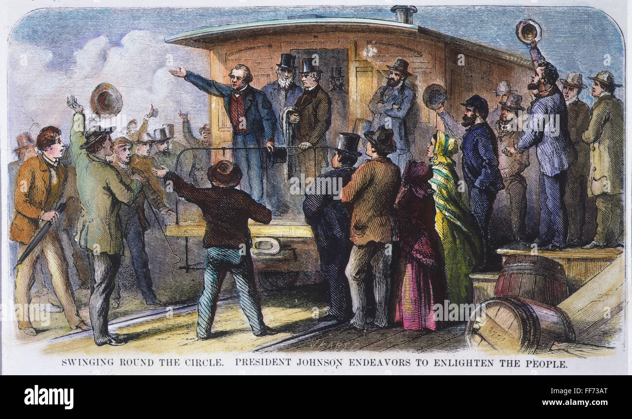 ANDREW JOHNSON (1866): /nPresident Andrew Johnson 'Swinging round the circle' (between Washington, D.C. and Chicago) during the Congressional election campaign of 1866. Contemporary color engraving. Stock Photo