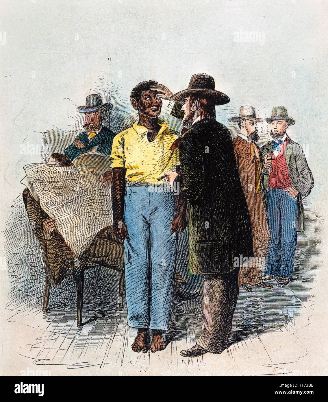 VIRGINIA: SLAVE INSPECTION. /nInspection by dealers at a slave auction in Virginia. Wood engraving, English, 1861. Stock Photo