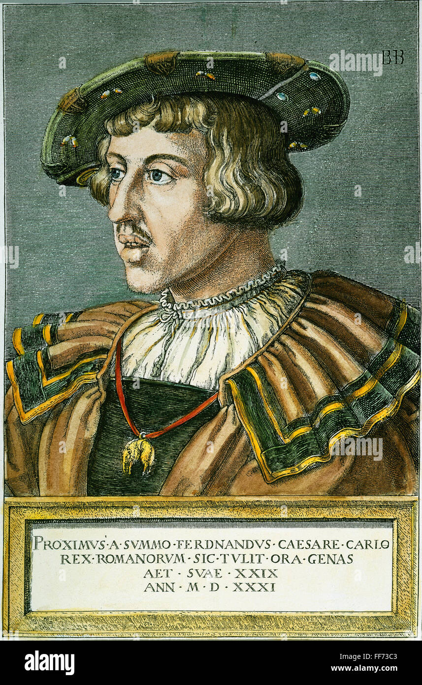 FERDINAND I (1503-1564). /nHoly Roman emperor, 1558-64. Color copper engraving, 1531, by Bartel Beham. Stock Photo