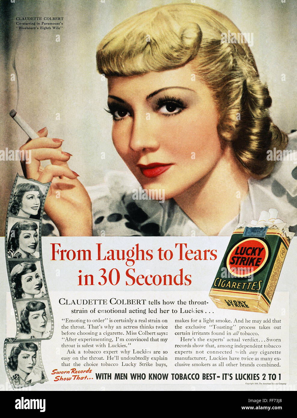 Luckys Cigarette Ad, 1938.  Nactress Claudette Colbert Endorsing Lucky 