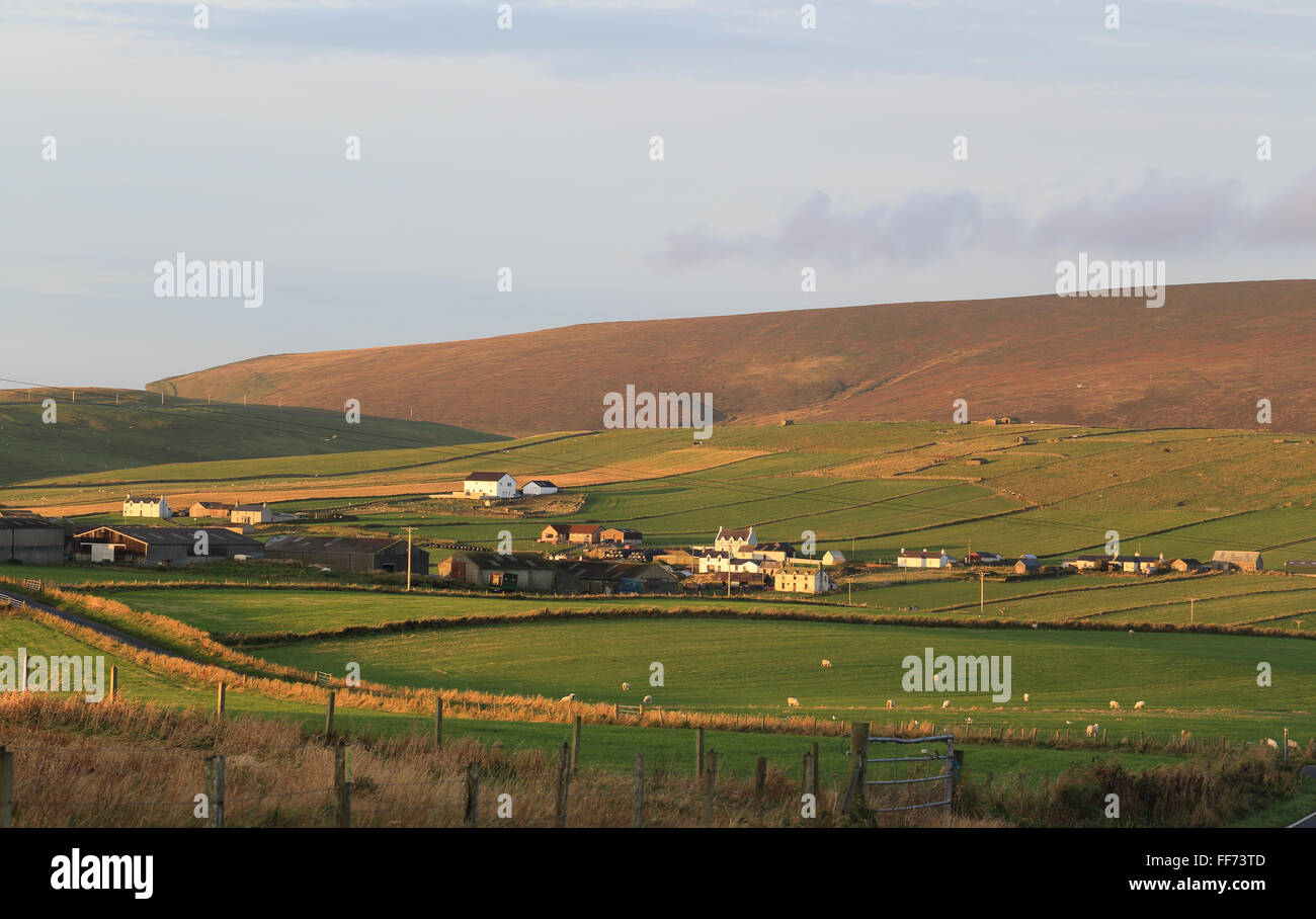 A view across farmland and Hillwell to Fitful Head, south Mainland, Shetland, Scotland, UK. Stock Photo