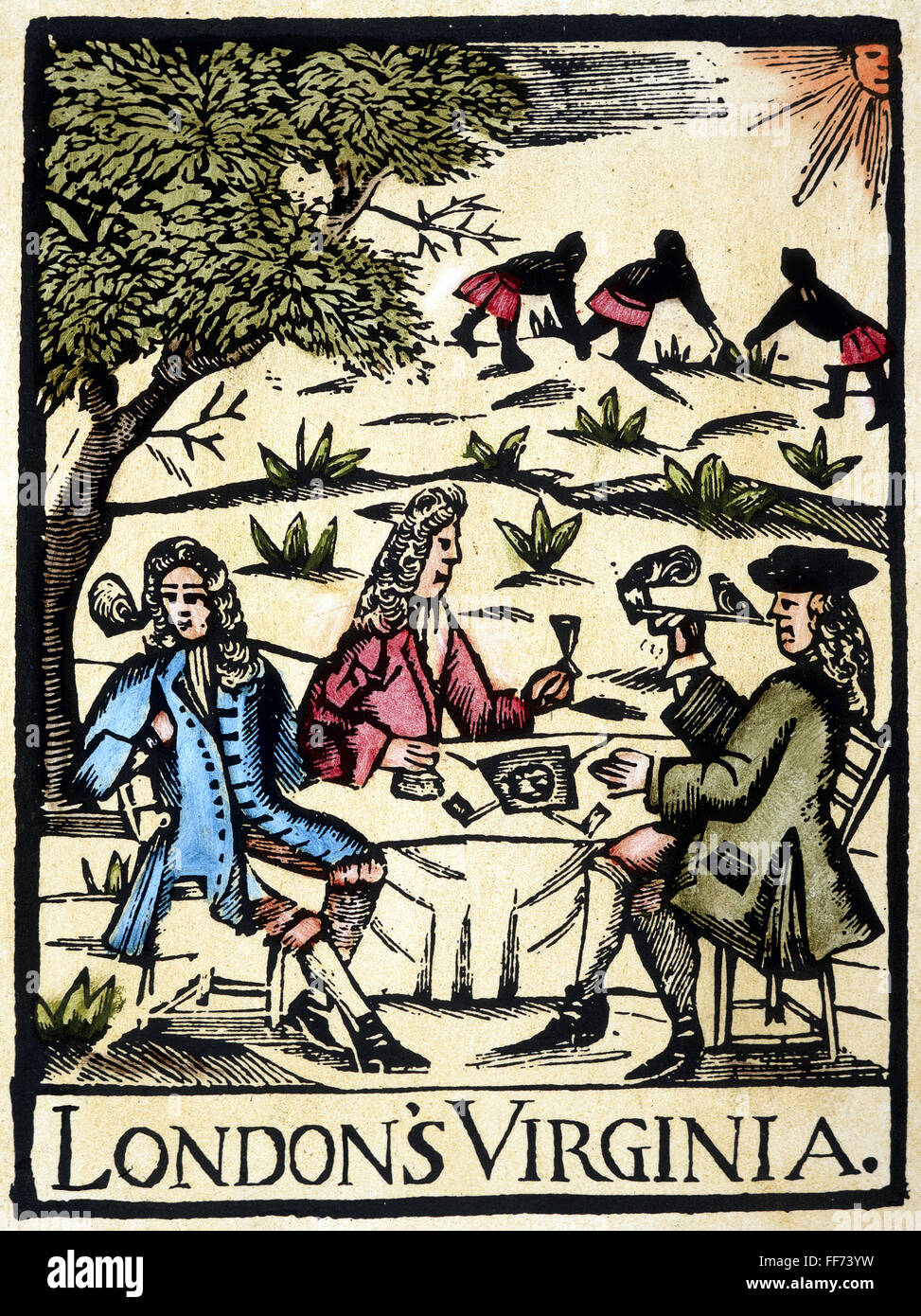 tobacco in the 1700s TOBACCO PLANTATION, c1700. /nVirginia planters taking their ease while  slaves labor in the tobacco fields. English woodcut tobacco label, c. 1700  Stock Photo