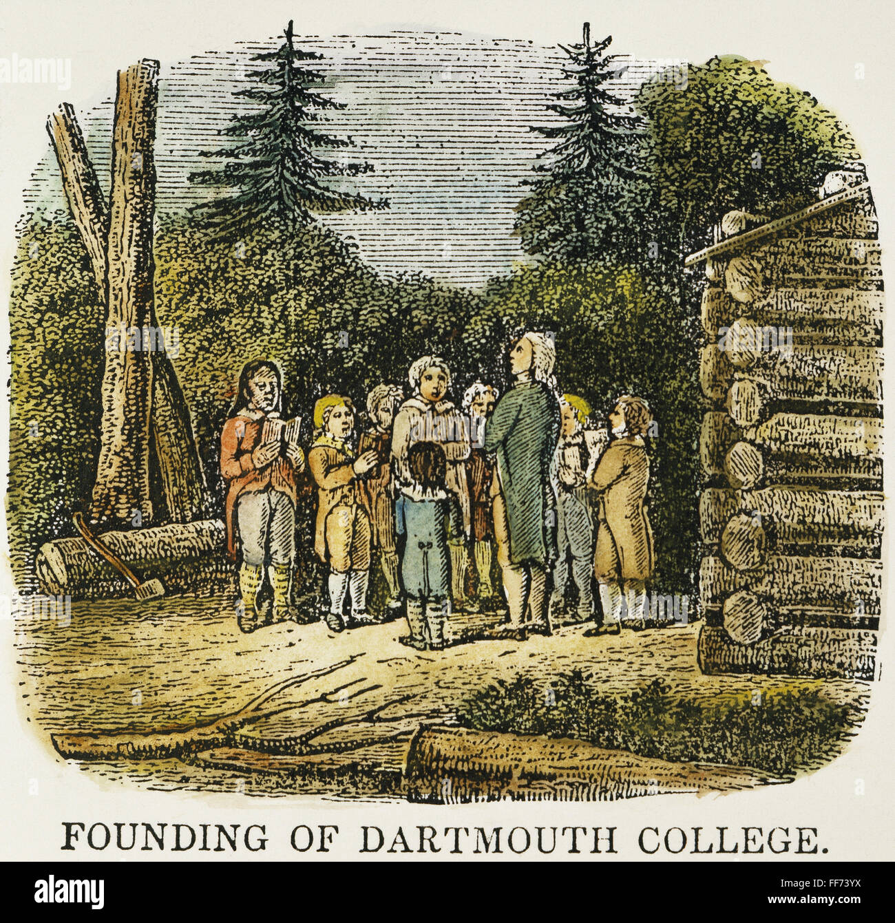 DARTMOUTH COLLEGE, 1770. /nThe founding of Dartmouth College at Hanover, New Hampshire, by Eleazar Wheelock in 1770. Wood engraving, American, c1845. Stock Photo