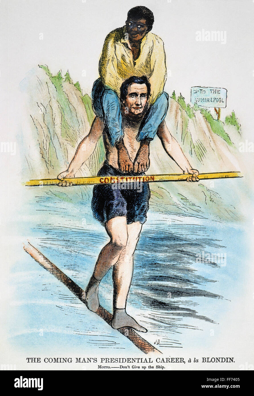 ABRAHAM LINCOLN. /nAn 1860 American cartoon comparing presidential candidate Abraham Lincoln to Charles Blondin, the French acrobat who crossed Niagara Falls on a tightrope ealier that year. Stock Photo