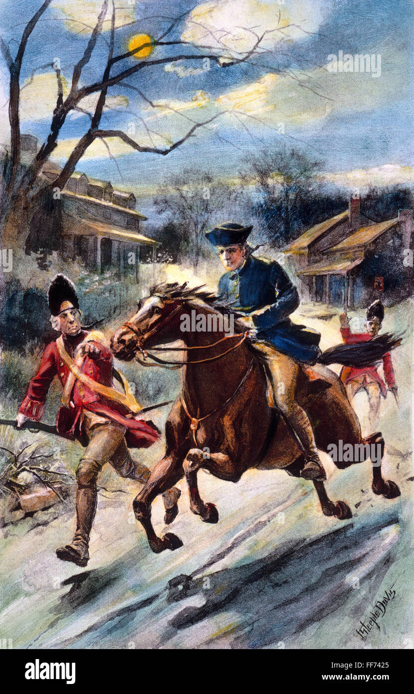 PAUL REVERE'S RIDE./nFrom Boston to Lexington, April 18, 1775. American engraving after an illustration by John Steeple Davis 1896. Stock Photo