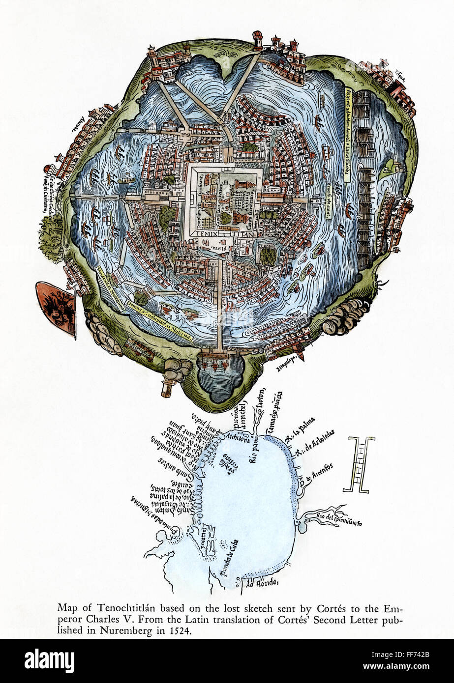 PLAN OF TENOCHTITLAN, 1524. /nPlan of Tenochtitlan (site of modern Mexico City) at the time of the Spanish Conquest. Woodcut from the Latin edition of Hernando Cortes' 'Second Letter,' printed at Nuremberg, Germany, in 1524. Stock Photo