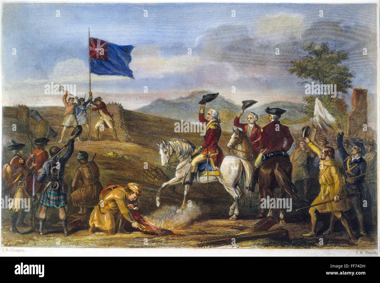 WASHINGTON: FORT DUQUESNE. /nColonel George Washington (center) of the Virginia militia raising his hat to the British flag over Fort Duquesne (rebuilt as Fort Pitt) in November 1758: colored engraving, 19th century. Stock Photo