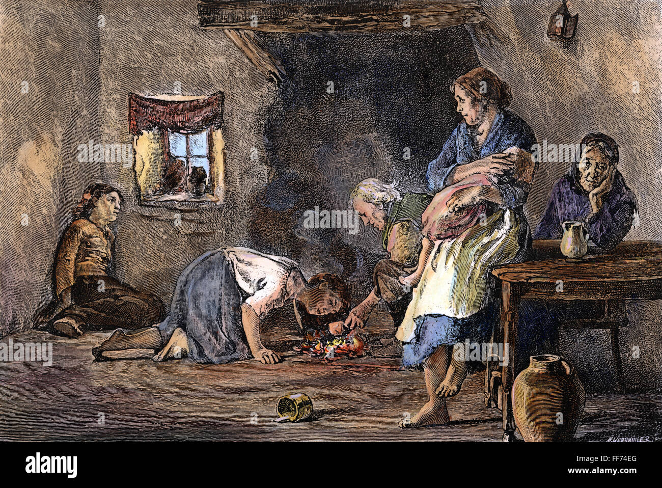 POTATO FAMINE. /nInterior of a peasant's hut during the Great Potato Famine of 1846-47 in Ireland. Colored engraving, 19th century. Stock Photo