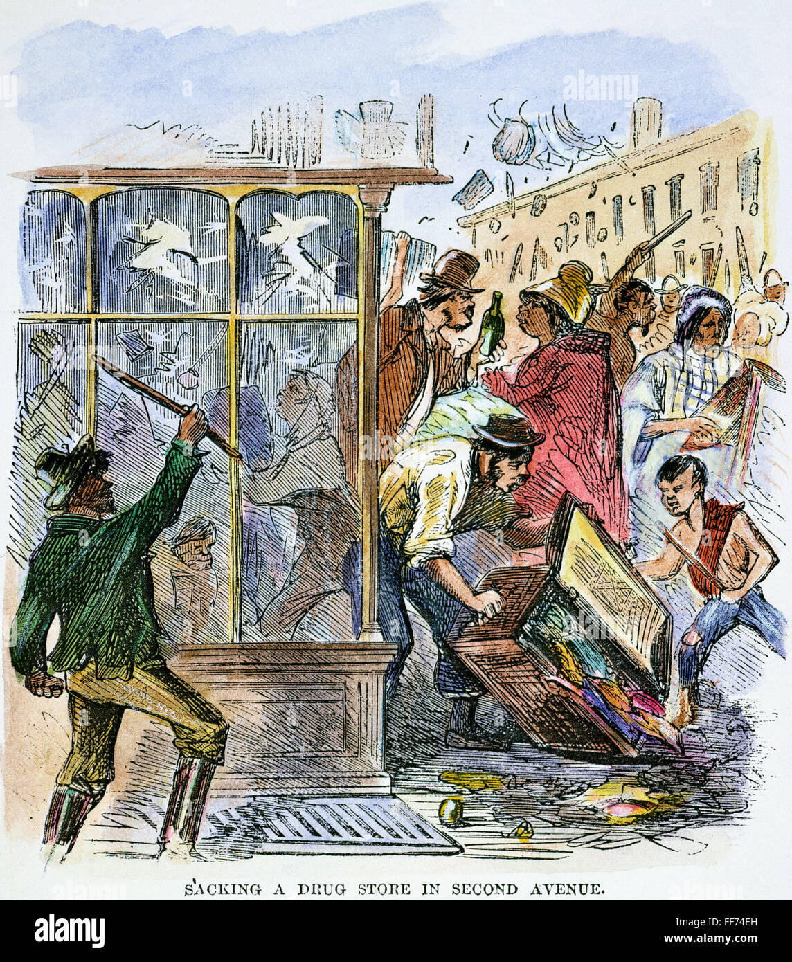 NEW YORK: DRAFT RIOTS 1863. /nThe mob sacking a drug store on Second Avenue  during the New York City Draft Riots of 13-16 July 1863: contemporary  colored engraving Stock Photo - Alamy, image size:1144x1390