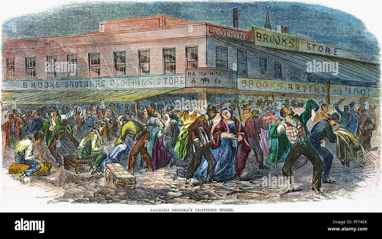 NEW YORK: DRAFT RIOTS 1863. /nThe mob sacking Brooks Brothers clothing  store during the New York City Draft Riots of 13-16 July 1863. Contemporary  American wood engraving Stock Photo - Alamy