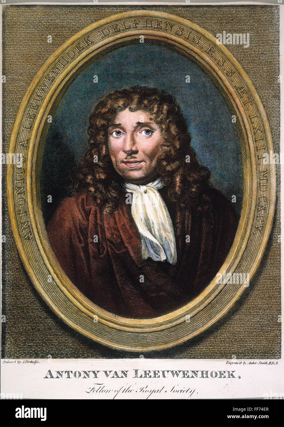 ANTON van LEEUWENHOEK /n(1632-1723). Dutch naturalist. At age 63. Line engraving, English, 1800. Stock Photo