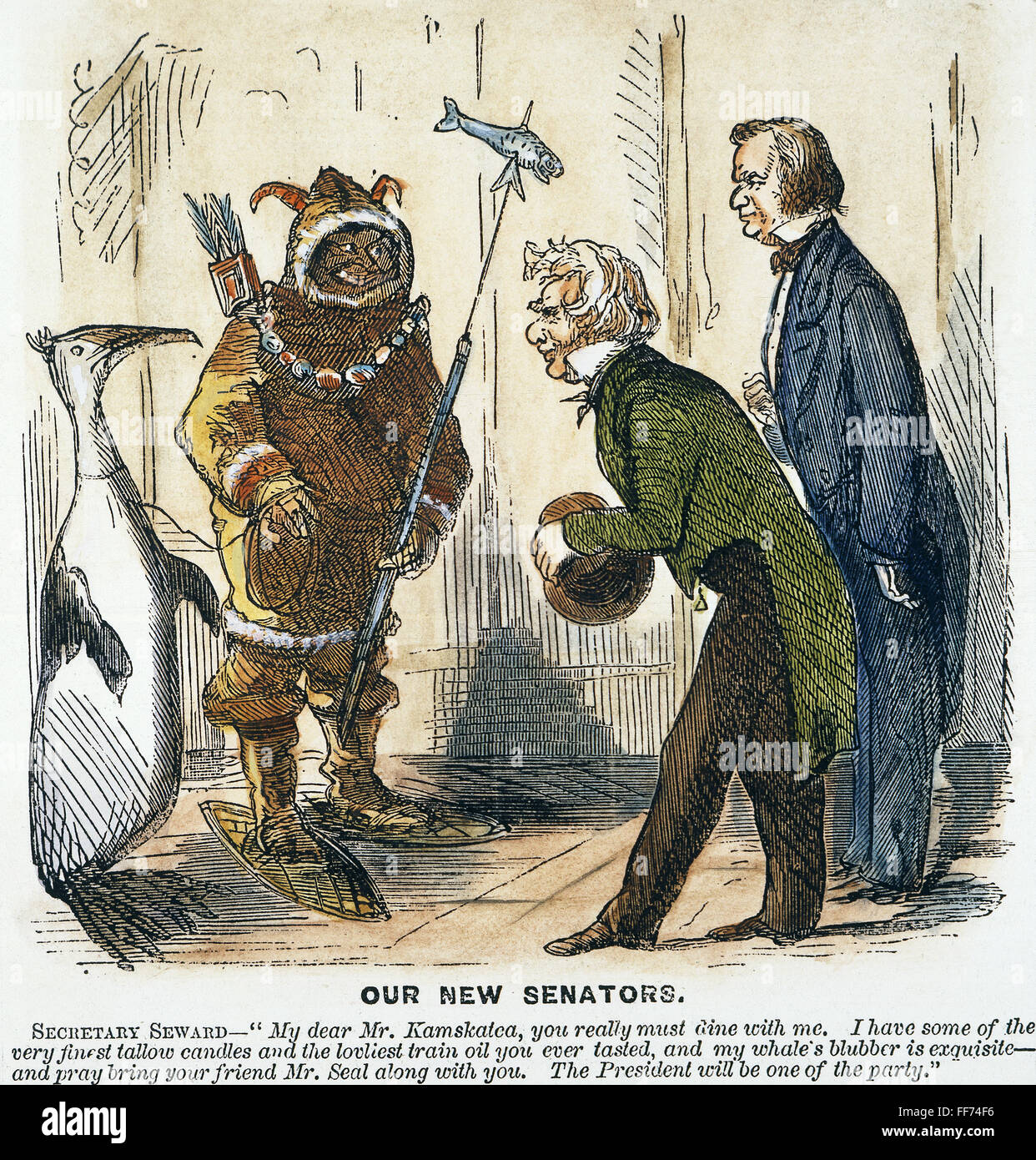 ALASKA PURCHASE CARTOON. /nAn American cartoon of 1867 on the Alaska purchase showing Secretary of State William H. Seward and President Andrew Johnson welcoming the new Senators of the new territory to Washington, D.C. Stock Photo