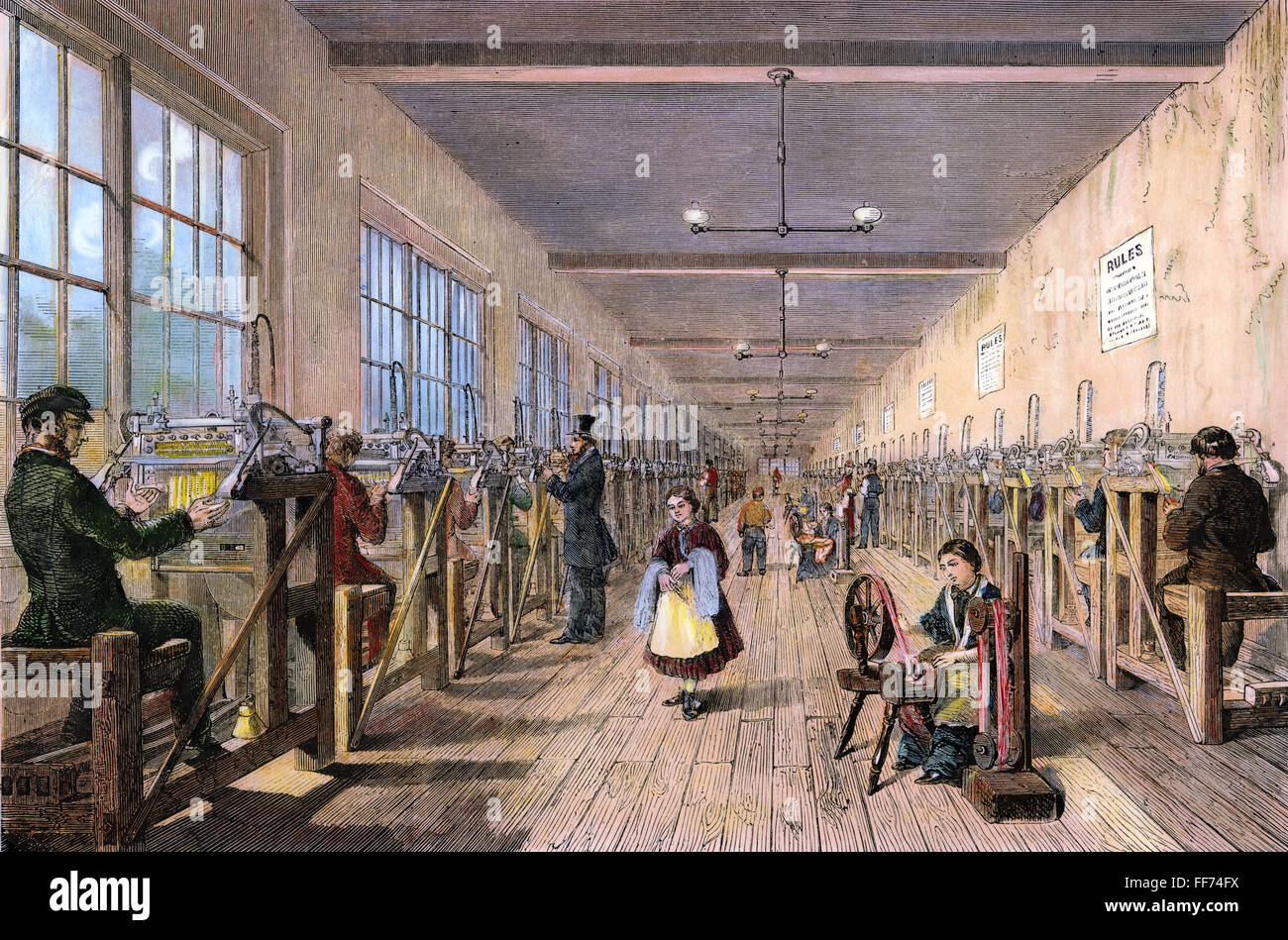 TEXTILE MILL, c1840. /nOne of Robert Owen's model textile mills at Tewkesbury, England, with work rules prominently displayed on the walls. Colored engraving, c1840. Stock Photo