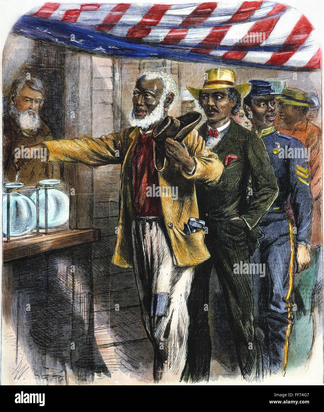 THE FIRST VOTE, 1867. /nFreedmen voting in the American South. Color engraving, 1867. Stock Photo