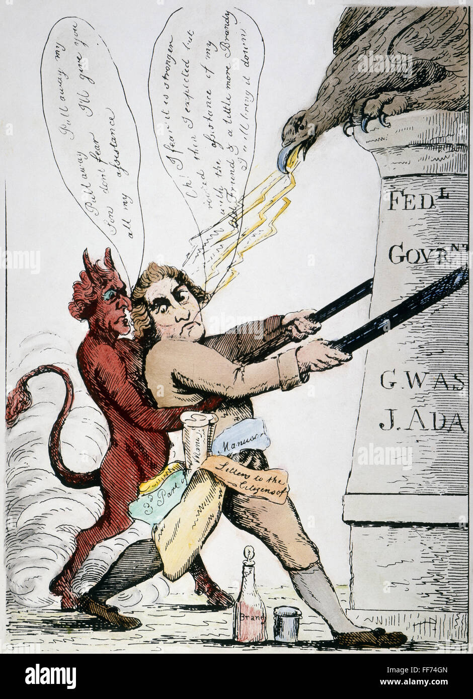 MAD TOM IN A RAGE, 1801. /nA Federalist cartoon etching of 1801 attacking the administration of Thomas Jefferson. However, historians differ as to whether the figure of 'Mad Tom' is meant to be Jefferson or his friend, Anglo-American political philosopher Stock Photo